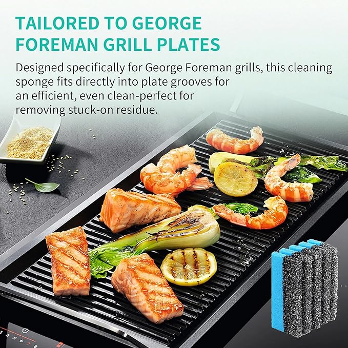 4 Pack Grill Cleaning Sponge (12207) + 2 Pack Upgrade Scraper Set - Compatible with George Foreman & Most Indoor Grills with Grooved Plates, Heat-Resistant Nylon Scraper & Non-Scratch Sponge for Easy