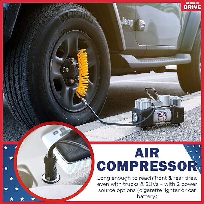 Tire Inflator Portable Air Compressor – 12V DC Air Pump for Car Tires, 150 PSI Electric Air Pump with Tyre Pressure Gauge – Corded Black by WE LOVE TO DRIVE