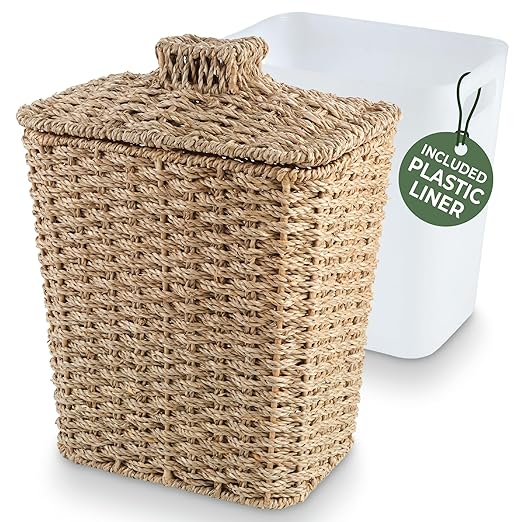 84ECO Wicker Trash Can with Lid and Liner - Rattan Trash Can for Bathroom - Decorative Wicker Waste Basket for Bedroom, Kitchen and Office (Natural Seagrass)