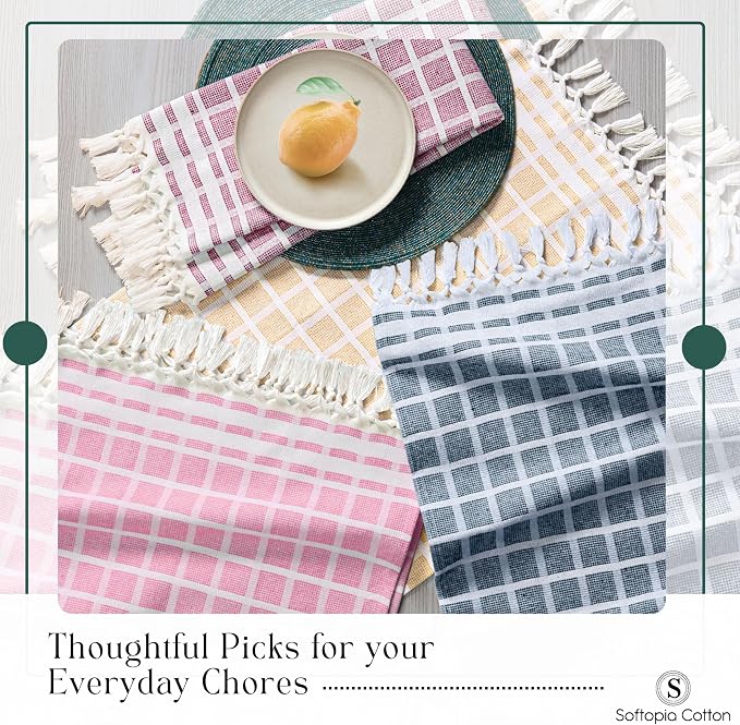 Matrix Dobby Kitchen Towels Set of 4, 100% Cotton, Combo Pack, 16"x26", Absorbent Tea Towels with Tassels, Reusable Cleaning Cloths - Rose Pink, Burgundy, Mustard Yellow, Grey