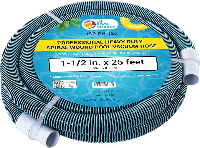 U.S. Pool Supply Pool Vacuum Hose - 1-1/2" x 25' Professional Heavy Duty Pool Hose for Inground, Spiral Wound with Kink-Free Swivel Cuff - Connect to Vacuum Heads, Skimmer, Cleaner, Filter Pump Inlet
