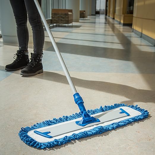 FLO-PAC Dry Mop Mop Pad, Looped Fringe with Microfiber Center for Floor and Wall Cleaning, 24 Inches, Blue, (Pack of 12)