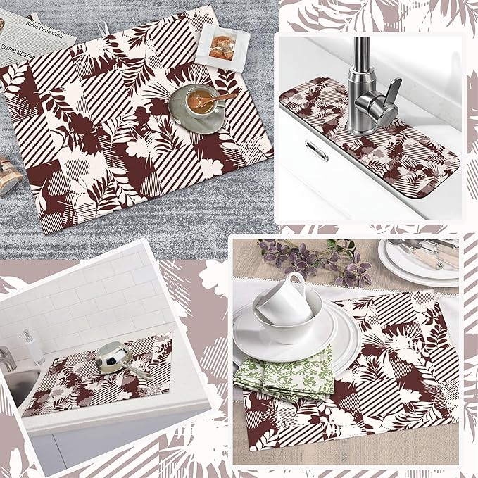 3Pcs Tropical Leaves Dish Drying Mat & Kitchen Sink Splash Guard Faucet Mat For Kitchen Counter Absorbent Microfiber Dishes Pad Dish Drainer Rack Mats Fast Dry Kitchen Accessories
