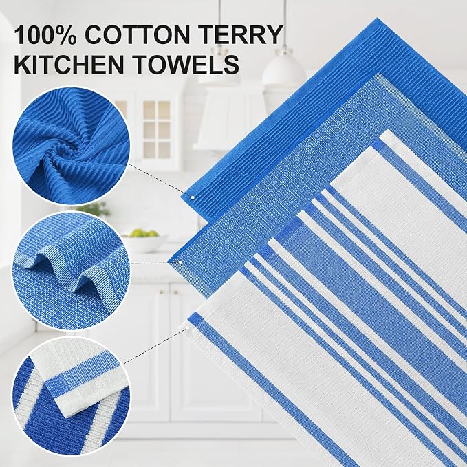 Homaxy Premium Kitchen Towels(18”x 28”, 6 Pack), Large Cotton 380 GSM Kitchen Hand Towels, Soft and Absorbent Terry Dish Towels, Multipurpose Tea Towel Set with Hanging Loop, Blueberry