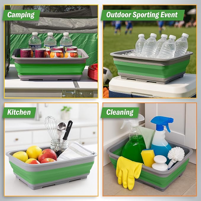 Collapsible Bucket for Cleaning 2-Pack - 7.27L Foldable Wash Bin Dish Tubs - Collapsible Wash Basin or Camping Sink Set for Beach, Tailgating or Soaking Laundry - Cleaning Supplies by Wakeman (Green)