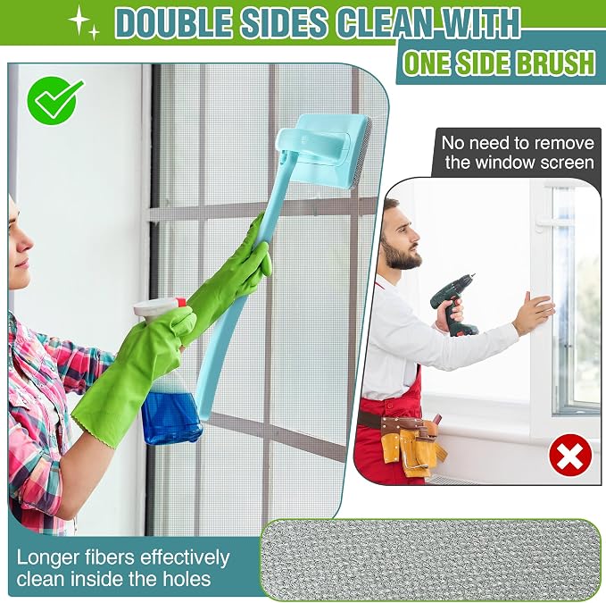 Window Screen Cleaner Brush, Mesh Window Cleaning Brush Kit with Replaceable Heads and Detachable Handle, Wet & Dry Dual Use for Screens, Doors, Patio(5 Pack)
