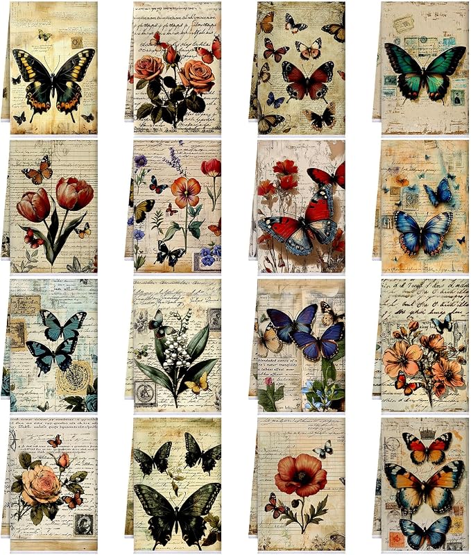 Bencailor 16 Pcs Summer Kitchen Towels Floral Butterfly Hand Dish Towels Vintage Flower Tea Dishcloths for Summer Holiday Kitchen Bathroom Home Decor Gifts, 16 x 24 Inch