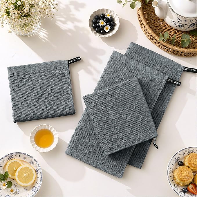 Homaxy 100% Cotton Terry Kitchen Dish Cloths, Ultra Soft Absorbent Dish Towels with Hanging Loop, Pineapple Grid Designed, 12 x 12 Inches, 8-Pack, Dark Grey