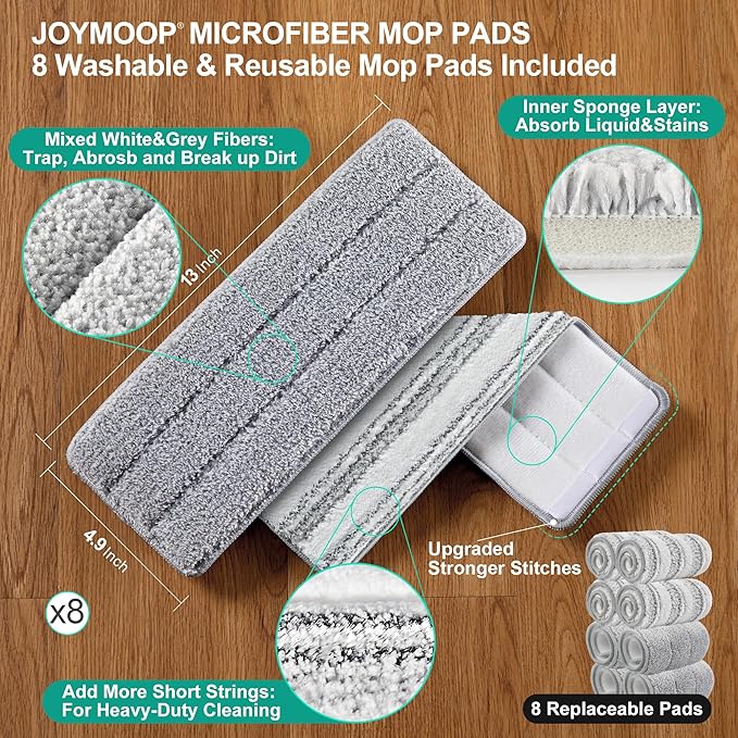 JOYMOOP Mop and Bucket Set for Household and Commercial Cleaning, Flat Mop System with 2 Mops and 8 Large Microfiber Pads for Floors and Walls