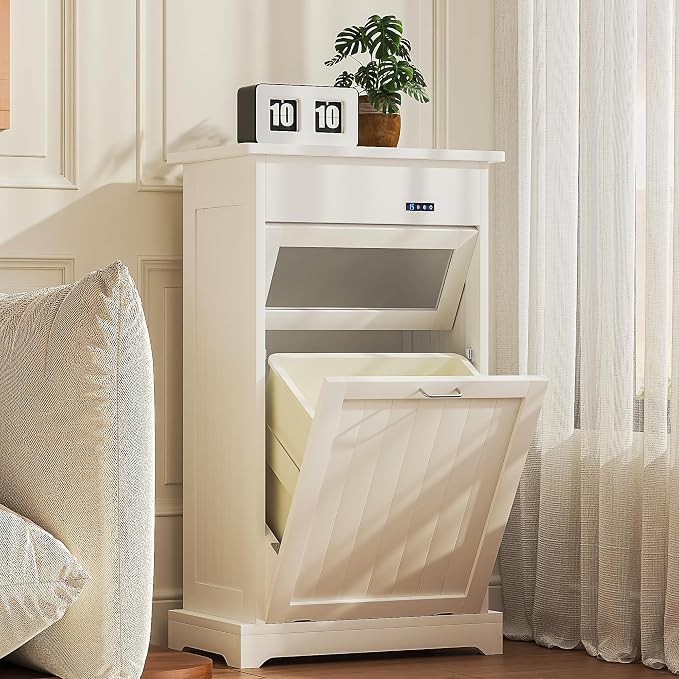 VECELO Tilt Out Trash Can Cabinet, Dog Proof Recycling Garbage Bin with Negative Ion and Deodorizing Function, Spacious Wood Top, Dual-Opening Designs, for Kitchen/Bedroom/Laundry, White