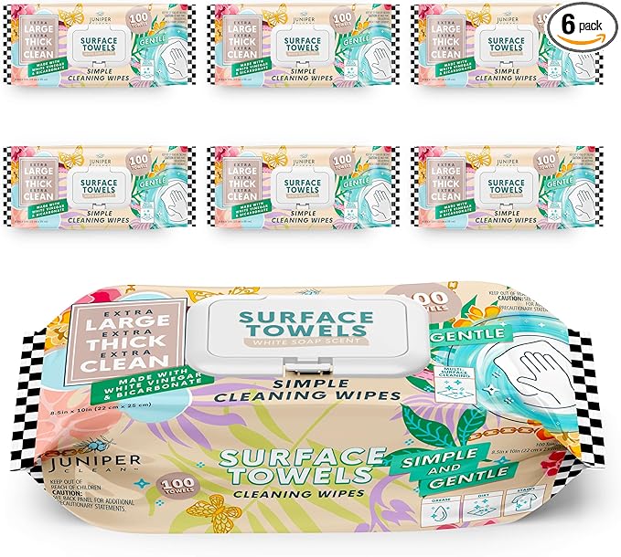 Juniper CLEAN 6 Packs Surface Cleaning Wipes, Thick & Large Dispose, All-Purpose Cleaner for Bathroom, Kitchen, Office, 600 Count Soft Flow, Biodegradable, White Soap Scent