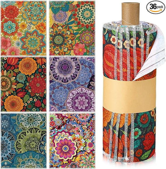 Redbaker 36 Pcs Reusable Paper Towels Rolls Towels Bulk Kitchen Washable Paperless Cloth Cotton Hand Napkins with Cardboard Reusable Napkins for Kitchen Bathroom (Boho Floral Style)