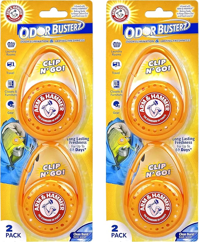 Arm & Hammer 10-Pack Odor Busterz Deodorizing Balls, 10 Count & Odor Busterz - Clip N Go, 4 Count Deodorizer Pack