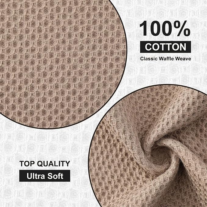 Kitinjoy 100% Cotton Kitchen Dish Cloths (12 X 12 Inches, Tan), 6 Pack Waffle Weave Ultra Soft Absorbent Dish Towels for Drying Dishes Quick Drying Kitchen Towels Dish Rags
