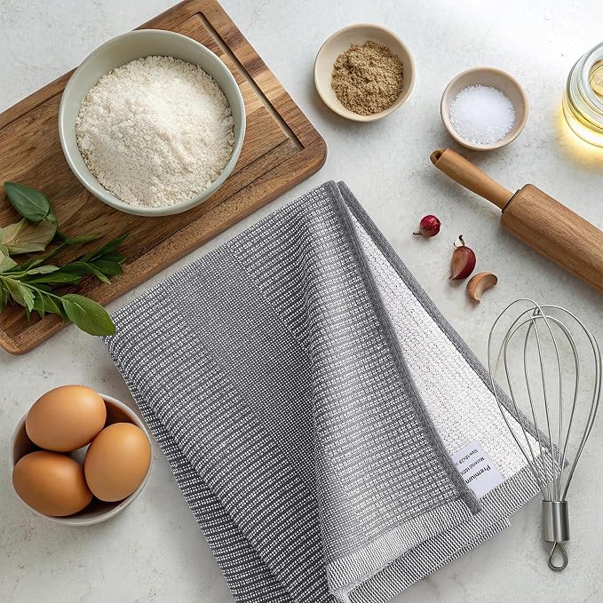 Mordimy Premium Kitchen Towels 6 Pack (18 x 28 Inches, Grey), Large Cotton Kitchen Hand Towel, Flat & Terry Dish Towels for Drying Dishes, Super Absorbent Tea Dishtowels Set with Hanging Loop