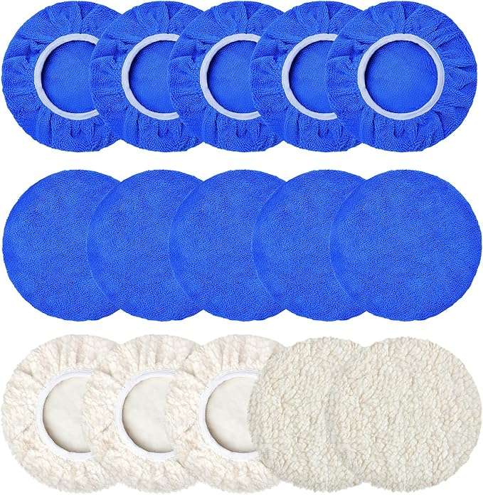 15 PCS Car Polisher Pad Bonnet 7 to 8 Inch, Car Polishing Bonnet Buffing Pads, Lamb Fleece Buffing Pad Cover, 10*Microfiber 5*Woollen