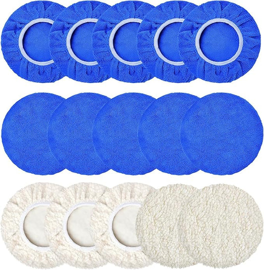 15 PCS Car Polisher Pad Bonnet 7 to 8 Inch, Car Polishing Bonnet Buffing Pads, Lamb Fleece Buffing Pad Cover, 10*Microfiber 5*Woollen