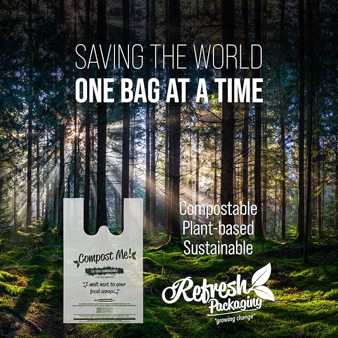 100% Certified Compostable Shopping Bags - Multipurpose Use - T-Shirt Style Bags - 500 Bags Per Case - Eco Friendly - Reduces Waste - Sustainable - No Pollution - Zero Waste