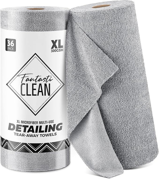 Fantasticlean XL Tear-Away Microfiber Cleaning Cloth Roll, 16'' by 16''- 36 Sheets, Thick & Large Detailing Towels, Ultra Absorbent, Lint-Free Reusable Wipes for All-Around Cleaning (Glossy Grey)