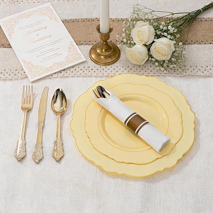 Liacere 350PCS Yellow Plates - Yellow Disposable Plastic Plates With Gold Rim-50Guest Plastic Dinnerware include 100 Plates,50 Pack Pre Rolled Napkins with Silverware 50Cups for Wedding＆Party