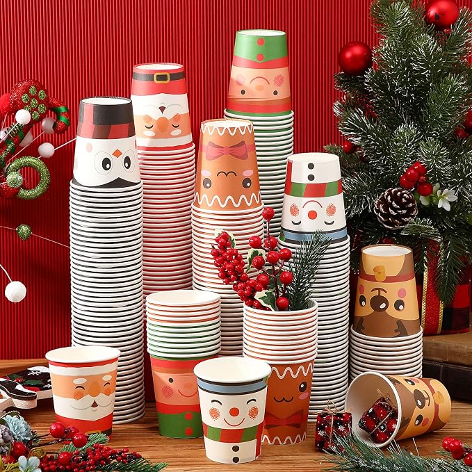 Yaomiao 300 Pcs 9 oz Christmas Paper Cups Elf Snowman Santa Elk Disposable Christmas Hot Cocoa Coffee Cups Bulk for Hot Cocoa Chocolate Beverage Bar for Xmas Holiday Party Supplies