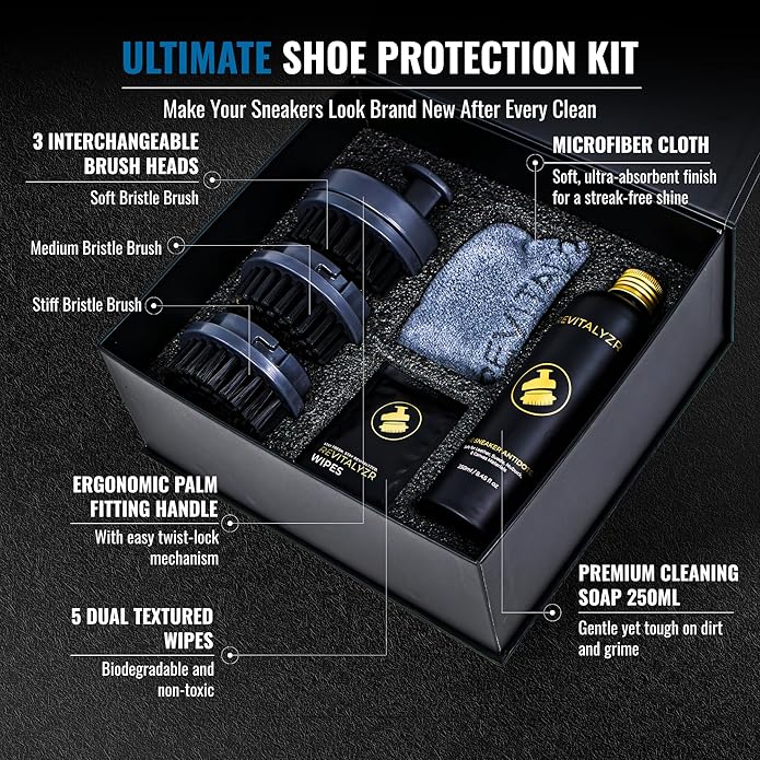Shoe Cleaning Kit - 250ml Non-Toxic Shoe Cleaner - Suede Cleaner with 3 Shoe Cleaning Brush, 5 Wipes & Microfiber Cloth - Sneaker Cleaner Kit for Leather, Suede, Canvas, Mesh & Boots