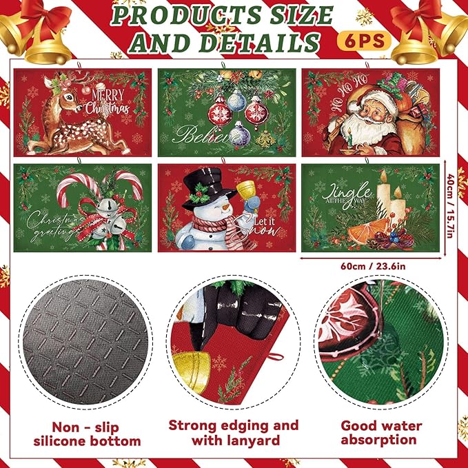 Meanplan Set of 6 Christmas Dish Drying Mats Absorbent Xmas Kitchen Accessories Santa Snowman Rectangle Table Mats Washable Drainer Draining Pad for Kitchen Countertop Tableware Decor 24"x 16"
