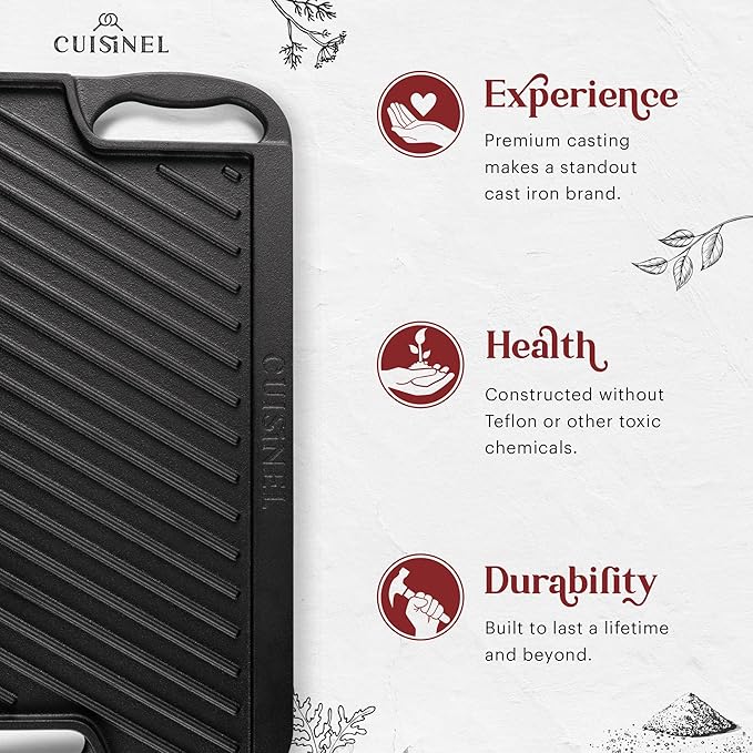 Cuisinel Cast Iron Griddle/Grill + Scraper/Cleaner - Reversible Pre-Seasoned 16.75" X 9.5"-inch Dual Handle Flat Skillet and Griller Pan - Works Indoor/Outdoor, Stove Burner, Gas, Fire