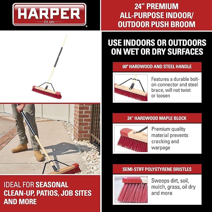 Harper 24 Inch Premium Indoor/Outdoor Wet/Dry, Dirt, Soil, Mulch All-Purpose Push Broom with Semi-Stiff Bristles, Grass and Oil, Wood Handle