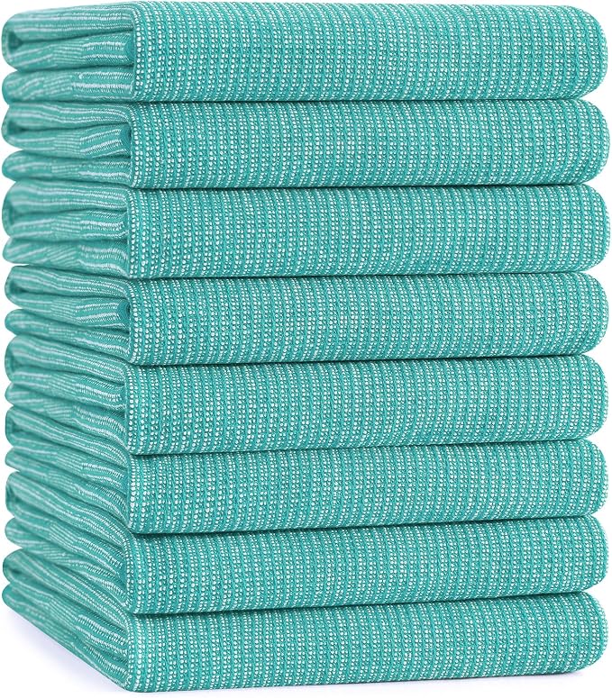 Mordimy Premium Kitchen Towels 8 Pack (18 x 28 Inches, Teal), Large Cotton Kitchen Hand Towel, Flat & Terry Dish Towels for Drying Dishes, Super Absorbent Tea Dishtowels Set with Hanging Loop
