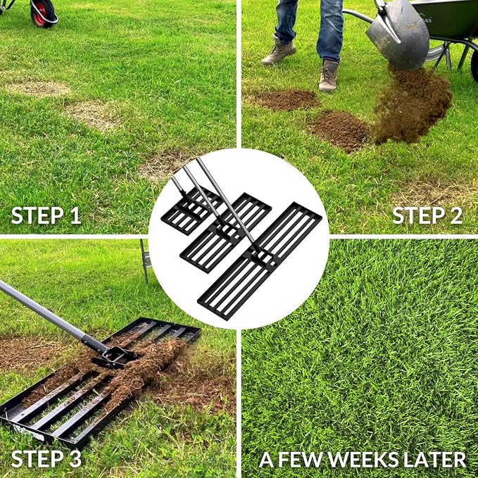 Walensee Lawn Leveling Rake, 30"x10" Heavy Duty Lawn Leveler Tool with 7FT Steel Handle, Levelawn Landscape Rake for Topdressing, Soil, Sand, Dirt, Backyard, Garden, Golf Course