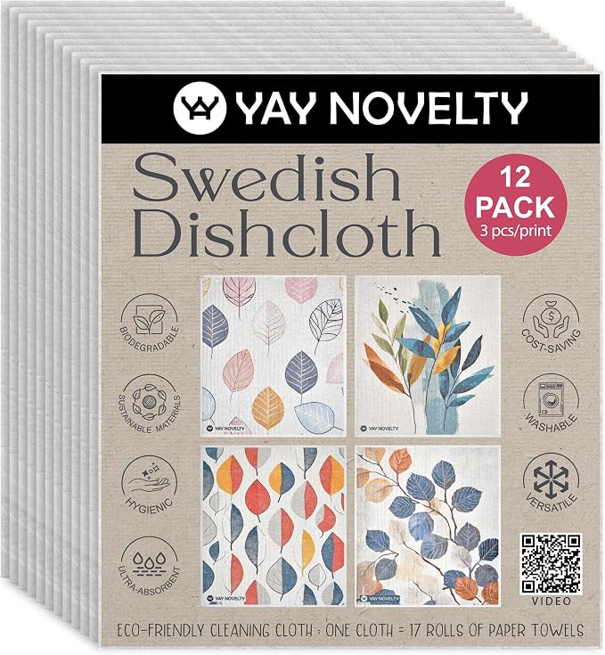 Swedish Dishcloths - 12 Pack | Made in Germany | Ultra-Absorbent, Reusable Cellulose Sponge Cloths for Kitchen | No-Odor, Eco-Friendly Cleaning Wipes | Water-Based Ink | Leaves