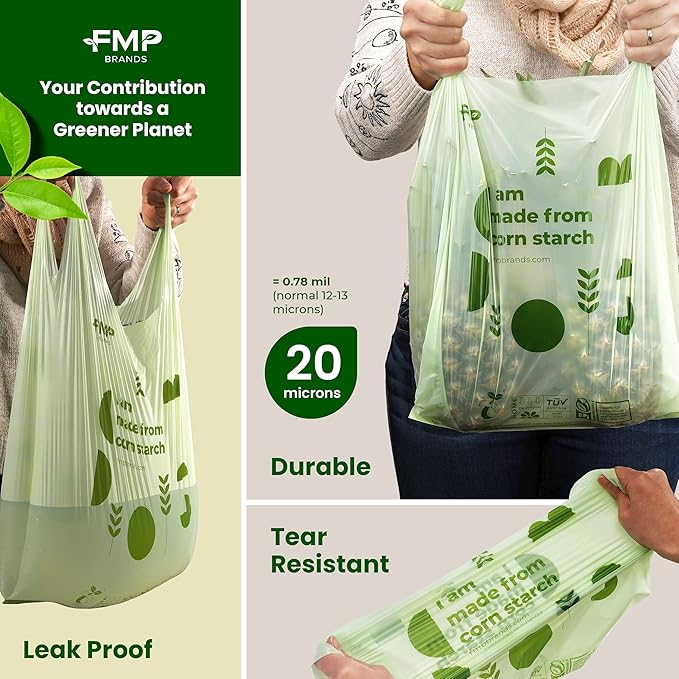 FMP Brands 100% Compostable Bags with Handle 2.6 Gallon 0.78 Mil Grocery Shopping Bags, Small Garbage Bags for Bathroom & Food Scrap, BPI & OK Compost Certified, ASTM D6400 Compliant - [1000 Count]