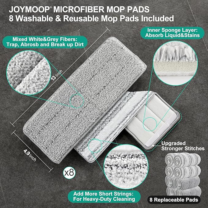 JOYMOOP Mop and Bucket Set, Hands-Free Flat Floor Mop, 8 Washable Microfiber Pads, Wet and Dry Use, Commercial & Household Floor Cleaning System, Ideal for Home and Office