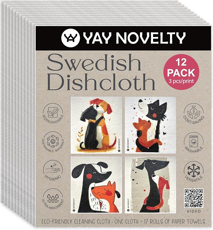 Swedish Dishcloths - 12 Pack | Made in Germany | Ultra-Absorbent, Reusable Cellulose Sponge Cloths for Kitchen | No-Odor, Eco-Friendly Cleaning Wipes | Water-Based Ink | Snuggle Pup