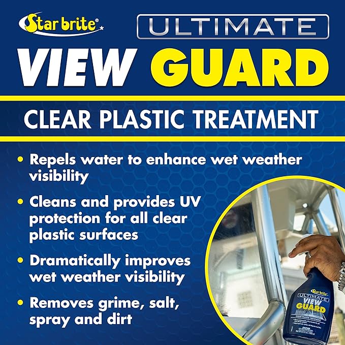 STAR BRITE View Guard Clear Plastic Treatment - Ideal for Strataglass, EZ2CY, Eisenglass - Enhances Wet Weather Visibility, Repels Water, Spray, Salt & Dirt - 22 OZ Spray (095222)