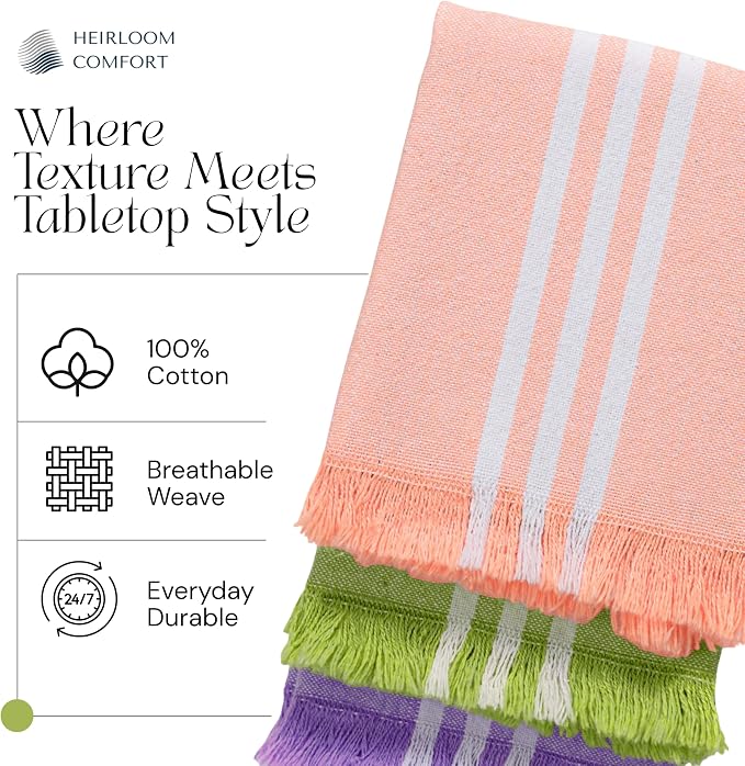 Stripe Kitchen Towels 3 Pack, 16x26 Inch, 100% Cotton, Super Absorbent & Quick Dry, Durable, Fringed Dish Towel for Drying Dishes, Washable, Light Orange, Lemon Green, Lavender