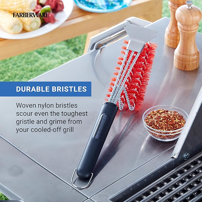 Farberware BBQ Triple Nylon Head Grill Brush, 360-Degree Spiral Head for Hard to Reach Areas of Your Grill, Dishwasher Safe