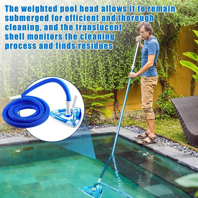 Qinyoung 2 Pcs Swimming Pool Cleaning Kit 1-1/4 Inch x 18 ft Pool Vacuum Hose with Swivel Cuff Triangular Weighted Pool Vacuum Head Connect 1-1/4" or 1-1/2" Hose for Above Ground Inground Pools, Blue