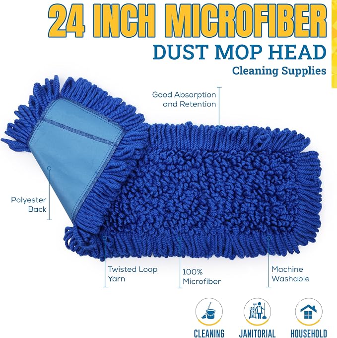 KLEEN HANDLER 24" Microfiber Dust Mop with Frame and 61" Extendable Clip-On Handle (2 Mop Heads, 1 Frame, 1 Handle), Commercial Dust Mop Kit for Floor Cleaning