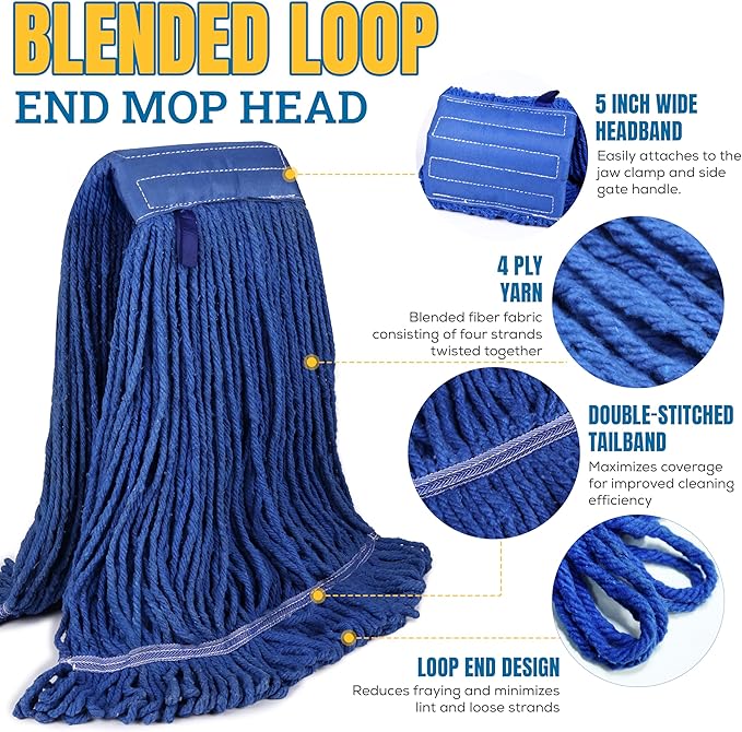 KLEEN HANDLER Blended Loop End Heavy Duty Mop Head Replacement, Wet Mop Refills for Industrial and Commercial Use, Dark Blue, 32 Oz (24-Pack)