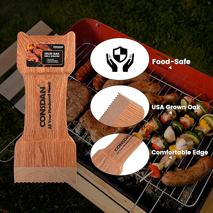 CONSDAN Wood Grill Scraper, Soild Oak Wooden Grill Brush, Grill Scraper for Outdoor Grill, Bristle Free Grill Scrapers, Grill Grate Cleaner Safe Wood Grill Brusher