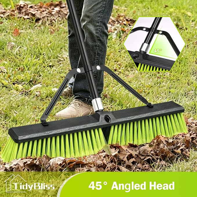 TidyBliss 2 Pack 24” Push Broom Outdoor Heavy Duty, Large Commercial Stiff Bristle Brush with 63 inches Long Handle for Garage Shop Garden Yard Patio Deck Street Warehouse Lawn Driveway (Yellow-Green)