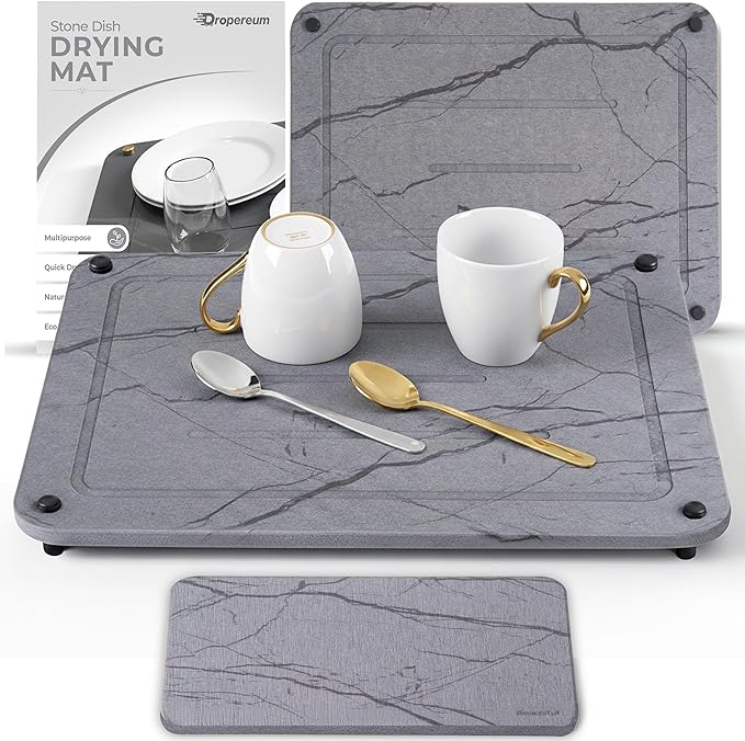 Stone Dish Drying Mat for Kitchen Counter, Quick Dry Stone Dishes Mats, Stones Drying Mat for Kitchen Counter, Water Absorbing Diatomaceous Earth Drying Mat (Dark Gray 15.7x11.8" & 8"x4")