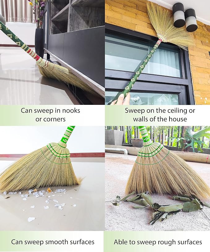 Natural Grass Thai Broom for Sweeping Vintage Retro, Handmade Broom,Witch Broom,Durable Broom for Indoor & Outdoor,Broomstick Bamboo Stick Long Handle (Turquoise)