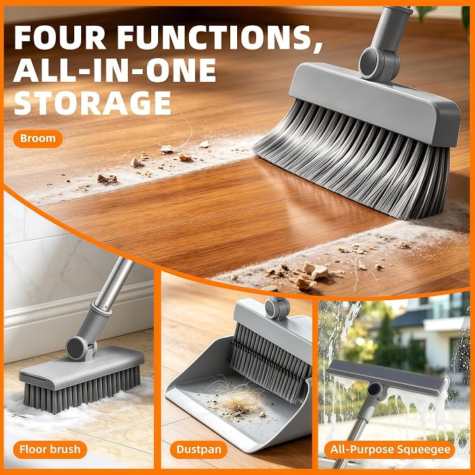 SDSM 4 in 1 Multifunctional Broom and Dustpan Combo Set, Heavy Duty Brooms with 52" Long Handle, with Squeegee and Cleaning Brush, for Clean Home Kitchen Bathroom Office, Sweeping indoor Outdoor Floor