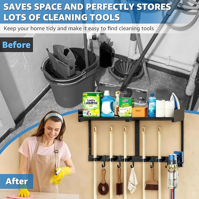HUFAND Broom Holder Wall Mount, 27" Large Mop and Broom Organizer Wall Hanging with Top Storage Shelf & Vacuum Hook, Heavy Duty Iron Utility Rack for Laundry Room, Garage, Kitchen, Garden - Black