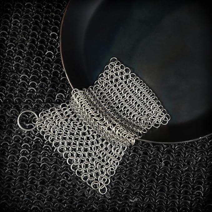 Mythrojan Cast Iron Scrubber 3 Pack Skillet Cleaner 316L Stainless Steel Chainmail Scrubber Scraper for Cast Iron Pre-Seasoned Pans, BBQ Grills, Pot Cookware Cleaning