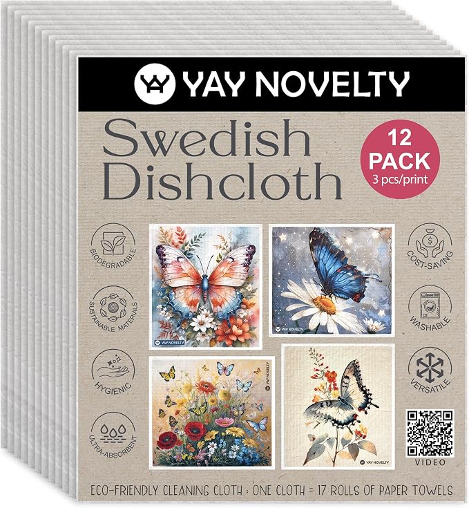 Swedish Dishcloths - 12 Pack | Made in Germany | Ultra-Absorbent, Reusable Cellulose Sponge Cloths for Kitchen | No-Odor, Eco-Friendly Cleaning Wipes | Water-Based Ink | Butterfly