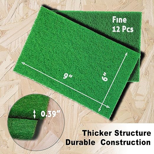 12-Pack 6"x9" Non-Woven Scuff Pads - Green P240 Aluminum Oxide Abrasive for General Cleanup, Scouring, Sanding - Automotive, Auto Body, Woodworking, Surface Preparation (Green)